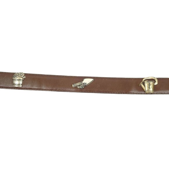 Talbots Womens Brown Leather Belt Vtg Size M Gardening Theme Charms Silver Tone main image 7